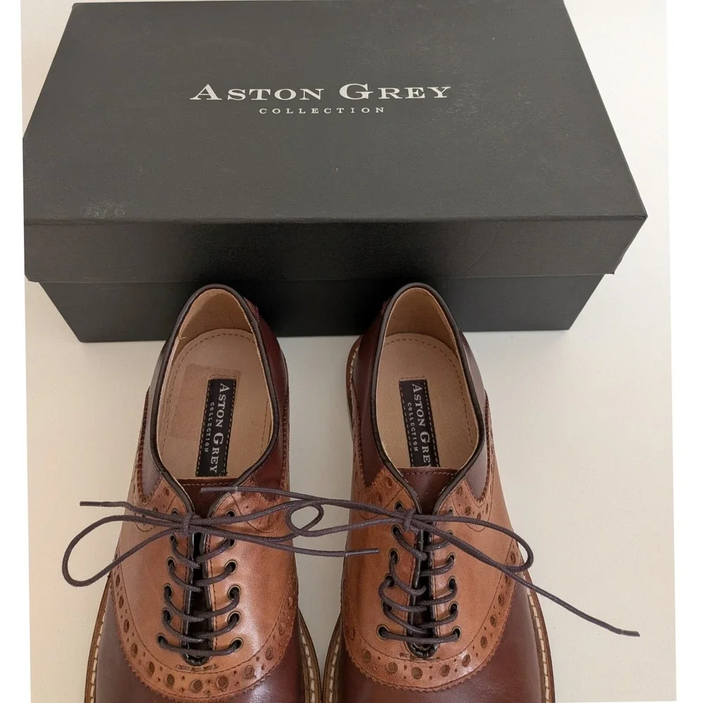 Aston Grey Banks Men's 8.5 Chestnut Cognac Leather Saddle Oxford Shoes 500188
